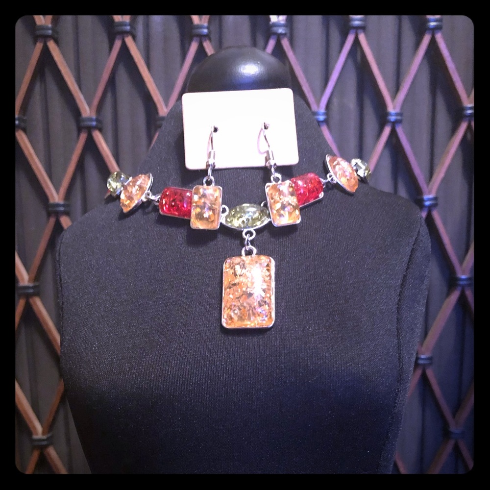 Classy Silvertone & Amber Jewelry Set 💎
